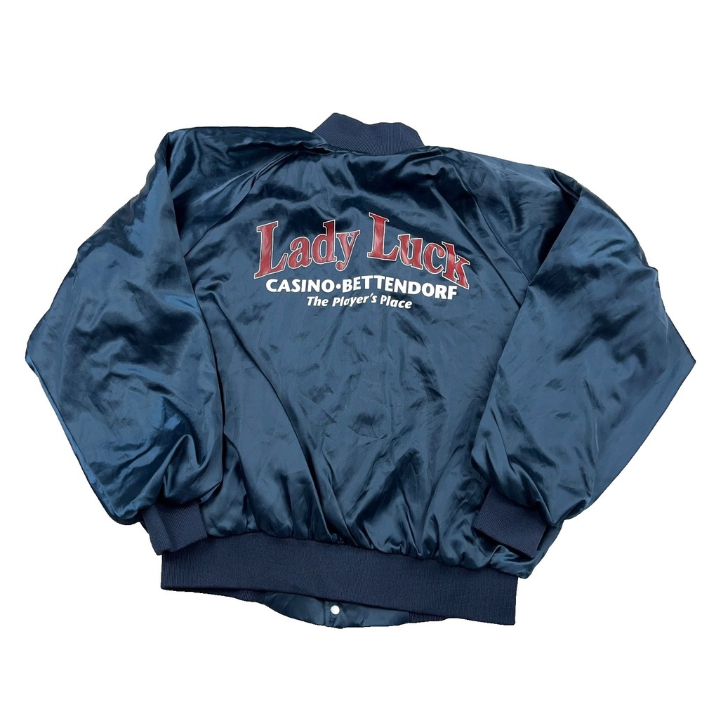 Vintage Lady‎ Luck Casino Jacket Men XL Navy Blue Satin Bomber Gambling 90s USA